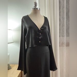 Mustard Seed Black Top w/Rhinestone Buttons and Flared Sleeves, Large, NWT